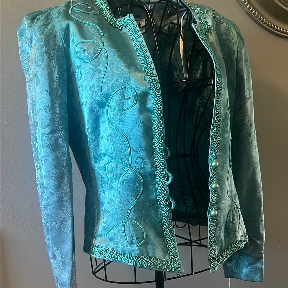 Teal Blue Embroidered 80s Vintage Nah Nah Collection Blazer Structured Shoulders